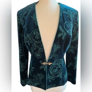 Vintage Retro Emerald Green Velvet Blazer w/Teal embroidered sparkle Size 8